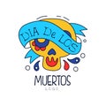 Dia De Los Muertos logo, traditional Mexican Day of the Dead design element with sugar skull, holiday party decoration Royalty Free Stock Photo