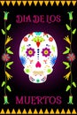 Dia de Los Muertos. Mexican Day of the Dead holiday. Vector illustration with skull and floral elements in ethnic Otomi embroidery