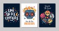 Dia de Los Muertos, Mexican Day of the Dead, set of greeting cards with hand drawn lettering, flowers, skulls on dark Royalty Free Stock Photo