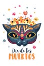 Dia De Los Muertos, Mexican Day Of The Dead, Set Of Greeting Cards With Lettering, Flowers, Cat Skull
