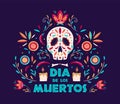 Dia de Los Muertos poster design with decorated skull, candles and flowers on dark background. Mexican Day of the Dead. Vector Royalty Free Stock Photo