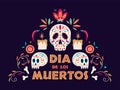 Dia de Los Muertos poster design with decorated skulls, candles and flowers on dark background. Mexican Day of the Dead. Vector Royalty Free Stock Photo