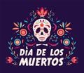 Dia de Los Muertos poster design with decorated sugar skull and flowers on dark background. Mexican Day of the Dead. Vector