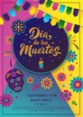Dia de Los Muertos A4 poster design. Mexican Day of the Dead inscription on dark background Royalty Free Stock Photo