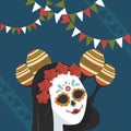 Dia de los muertos poster with katrina skull and maracas