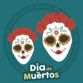 Dia de los muertos poster with katrina skulls and floral crowns