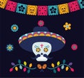 Dia de los muertos poster with mariachi skull and garlands