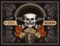 Dia de los muertos poster with mariachi skull and guns crossed in brown poster