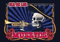 Dia de los muertos poster with mariachi skull playing trumpet