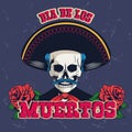 Dia de los muertos poster with mariachi skull and roses flowers