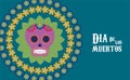 Dia de los muertos poster with purple skull in floral circular frame