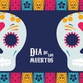 Dia de los muertos poster with skulls and garlands frame