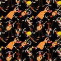 Dia de los muertos seamless pattern. El mariachi skeleton musician characters. Isolated on black background for wrapping papper