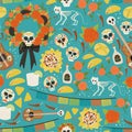 Dia De Los Muertos seamless pattern hand drawn cartoon style holiday textile background. Skull, cat skeleton, wreath, nachos, Royalty Free Stock Photo