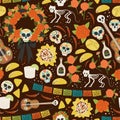 Dia De Los Muertos seamless pattern hand drawn cartoon style holiday textile background. Skull, cat skeleton, wreath, nachos, Royalty Free Stock Photo