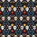 Dia De Los Muertos seamless pattern with skulls and flowers on black background. Traditional mexican Halloween design