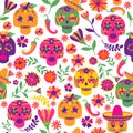 Dia de los muertos seamless vector pattern. The main symbols of the holiday on the dark background. Day of the dead.