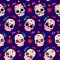 Dia de los muertos seamless vector pattern. The main symbols of the holiday on the dark background. Royalty Free Stock Photo