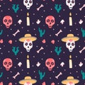 Dia de los muertos seamless vector pattern. The main symbols of mexican national holiday on the dark background. Day of Royalty Free Stock Photo