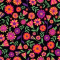 Dia de los muertos seamless vector pattern with marigold flowers. The main symbols of the holiday on the dark background