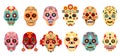 Dia de Los Muertos skull. Mexican day of the dead decorative man and woman sugar skulls with flower. Mexico holiday skeleton face