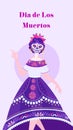 Dia de Los Muertos - social media vertical template. Dancing Catrina on the plain background and text