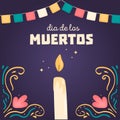 Dia de los muertos. Square card with altar candle. Banner decorated by design elements, colorful floral ornament and