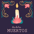 Dia de los muertos. Square card with altar candle. Banner decorated by design elements, colorful floral ornament or