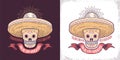 Dia de los muertos sugar skull symbol in sombrero retro illustration