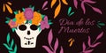 Dia de Los Muertos, traditional Mexican Halloween vector flat cartoon banner design with floral decoration