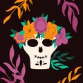 Dia de Los Muertos, traditional Mexican Halloween vector flat cartoon card design with floral decoration