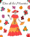 Dia de Los Muertos, traditional Mexican Halloween vector flat cartoon card design with flowers and text