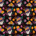 Dia de Los Muertos, traditional Mexican Halloween vector flat cartoon seamless pattern with floral decoration