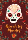 Dia de los muertos traditional mexican holiday poster decorated with sugar skull and ornamented frame. Flat vector