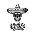 Dia De Los Muertos translated from Spanish Day of the Dead handwritten phrase. Vector illustration of skull in sombrero. Royalty Free Stock Photo