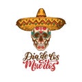 Dia De Los Muertos translated from Spanish Day of the Dead handwritten phrase. Vector illustration of skull in sombrero.