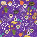 Dia de los Muretos, Day of the Dead seamless pattern hand drawn doodle style cartoon background for textile. Wallpaper, wrapping Royalty Free Stock Photo