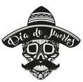 Dia de Muertos Day of Dead. Black Skull in Mexican Hat