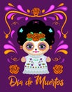 Dia de Muertos, Day of the Dead Spanish text Classic Mexican Catrina Doll and ornaments.