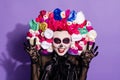 Dia de muertos. Photo of beautiful scary skeleton dead bride death day concept facial print alive zombie voodoo show