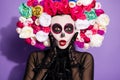 Dia de muertos. Photo of beauty surprised skeleton dead bride death day spirit ritual facial print makeup zombie voodoo