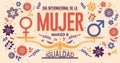 DIA INTERNATIONAL DE LA MUJER - INTERNATIONAL WOMEN S DAY in Spanish language. Text in red color and scale with EQUALITY word and