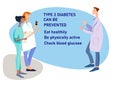 Diabetes awareness illustration. Diabetes prevention and control concept. Hand drawn doctors with recommendations