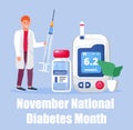 Diabetes Awareness Month on November in USA. American national health care event. Doctor dives insulin, make blood test. Royalty Free Stock Photo