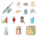 Diabetes cartoon icons in set collection for design. Treatment of diabetes vector symbol stock web illustration.