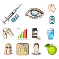 Diabetes cartoon icons in set collection for design. Treatment of diabetes vector symbol stock web illustration.