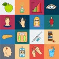 Diabetes cartoon icons in set collection for design. Treatment of diabetes vector symbol stock web illustration.