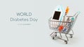 Diabetes Day card with glucose meter, syringes in shopping trolley with inscription