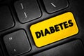 Diabetes - group of metabolic disorders characterized by a high blood sugar level over a prolonged period of time, text button on