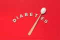 Diabetes inscription, spoon with sugar on red background